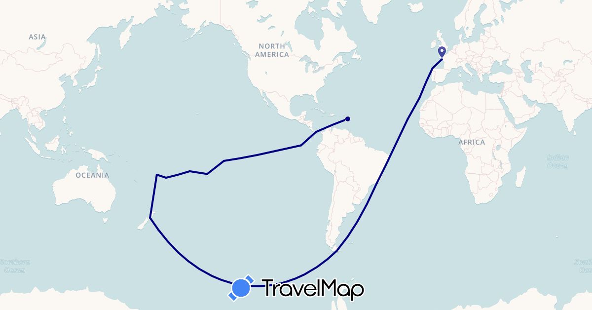 TravelMap itinerary: driving in Brazil, Cook Islands, Chile, Cape Verde, Ecuador, Spain, Fiji, France, New Zealand, Panama, Tonga (Africa, Europe, North America, Oceania, South America)